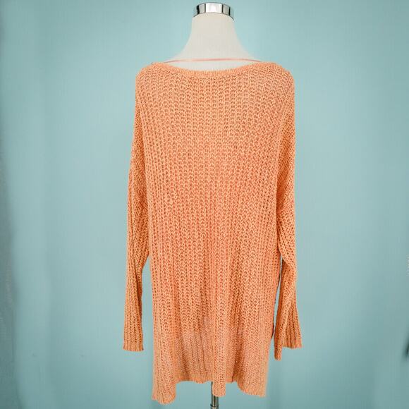 Free People Size Medium M Orange Chunky Open Knit Crew Long Sleeve Loose Sweater - Picture 2 of 6